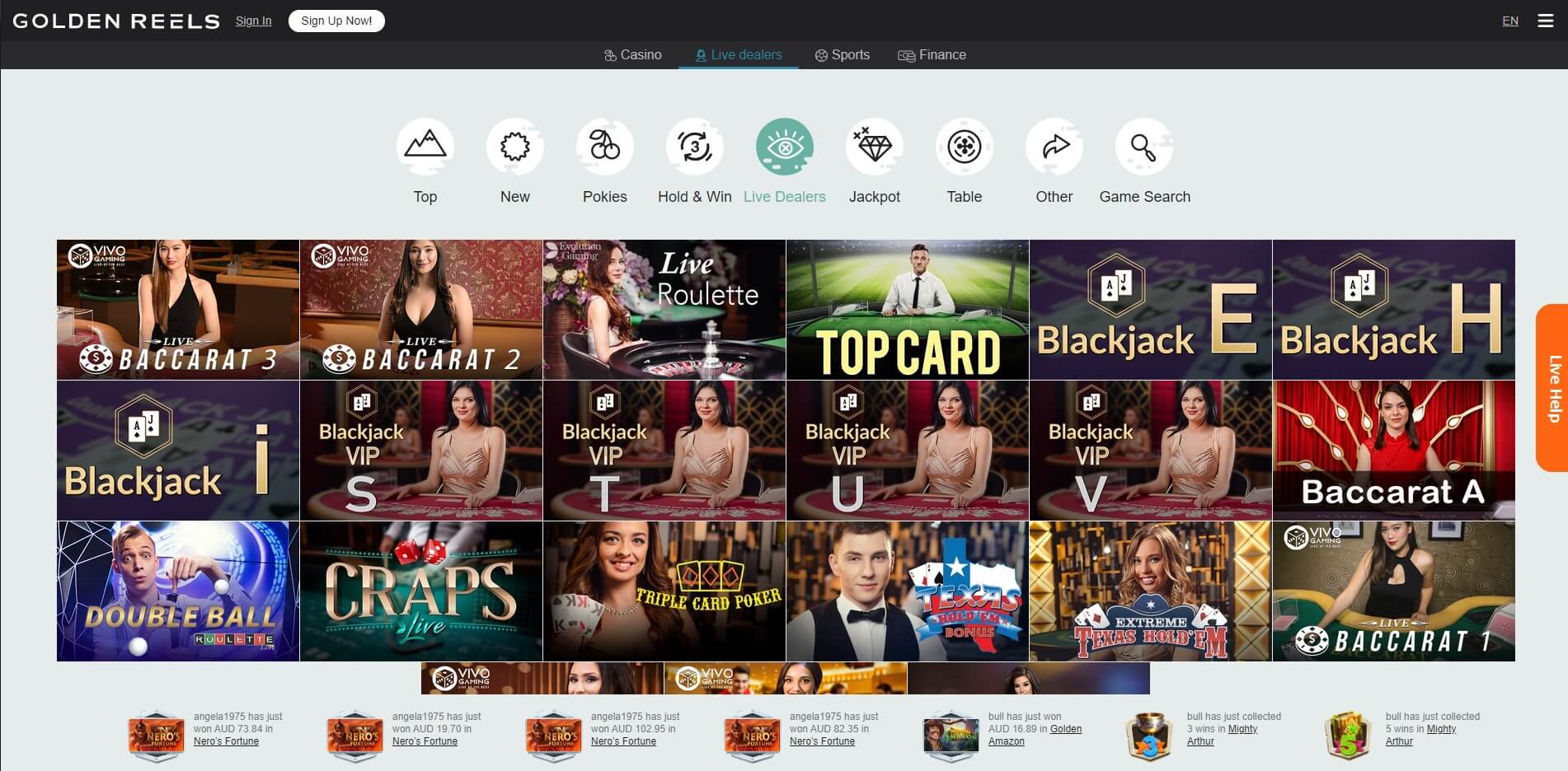 golden reels casino live games screenshot