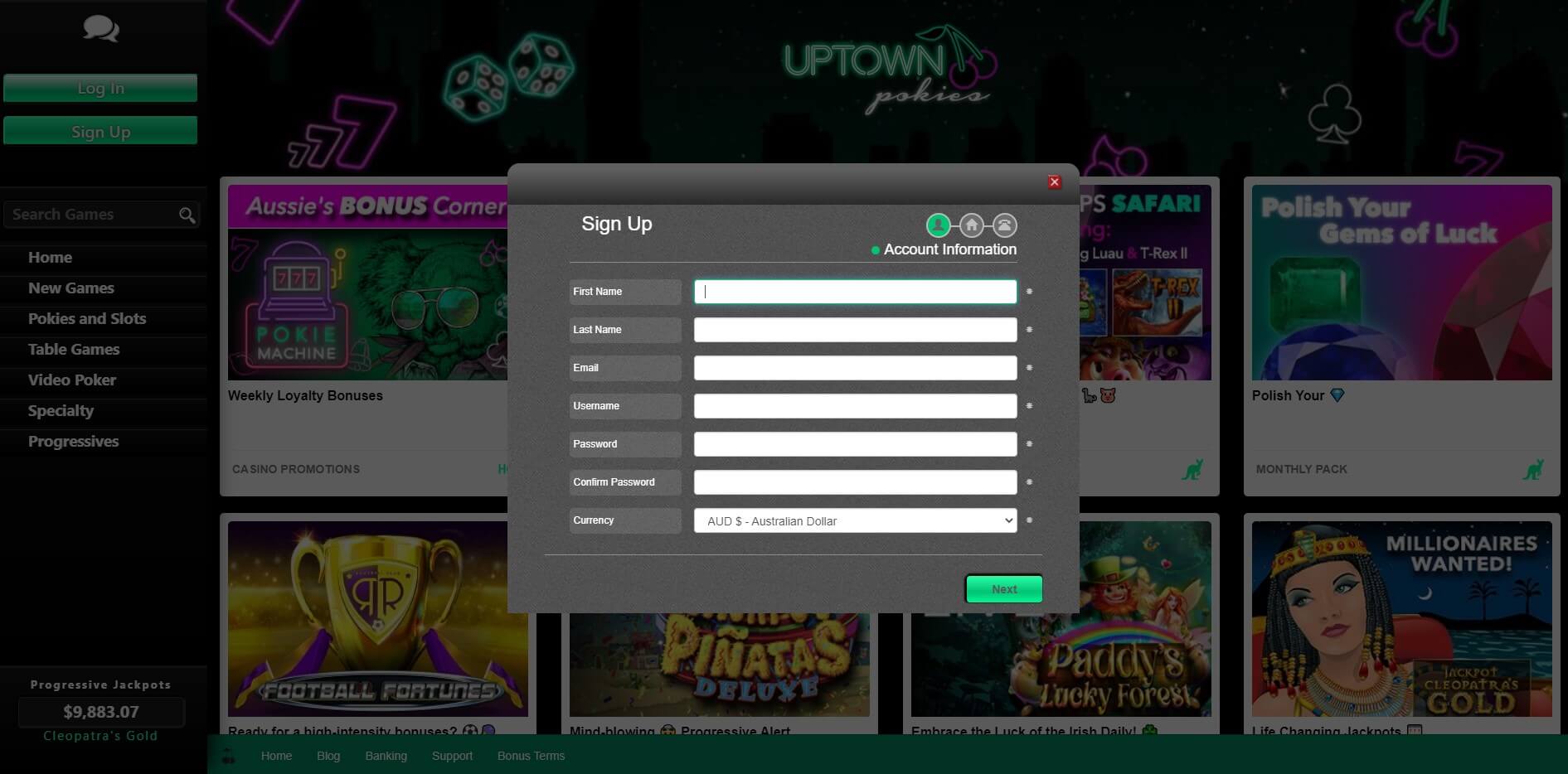 uptown pokies casino sign up screenshot